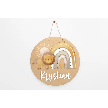 Wooden plaque with child's name - Lion 3 - diameter 290mm - NAP057
