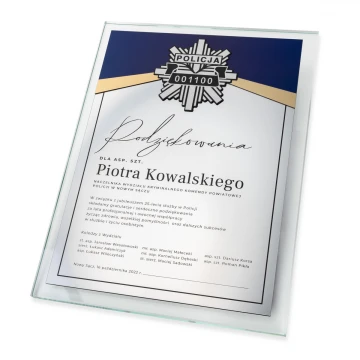 Glass Diploma - 25 years of service in the Police - vertical - UV print and engraving - DUV089
